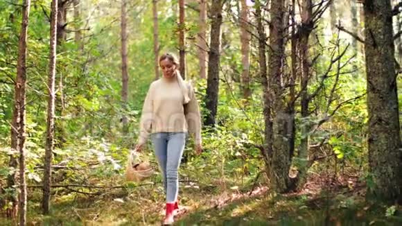 秋林采蘑菇的年轻女子视频的预览图
