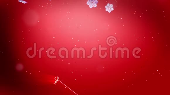 装饰的3d雪花在空气中缓慢地漂浮并在红色背景上发光作为圣诞动画使用新年视频的预览图