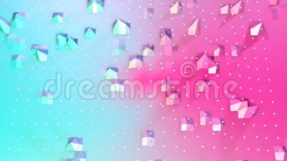抽象简单的蓝色粉红色低聚三维表面和飞行白色晶体作为优雅的环境软几何低聚视频的预览图