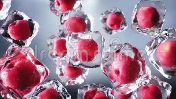 苹果在冰块中旋转食和广播理念现实的冰材料4K动画片视频的预览图