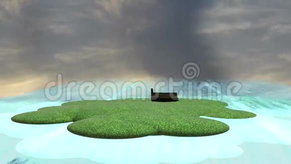 绿色圆形地面上的棚屋有移动的水环视频的预览图
