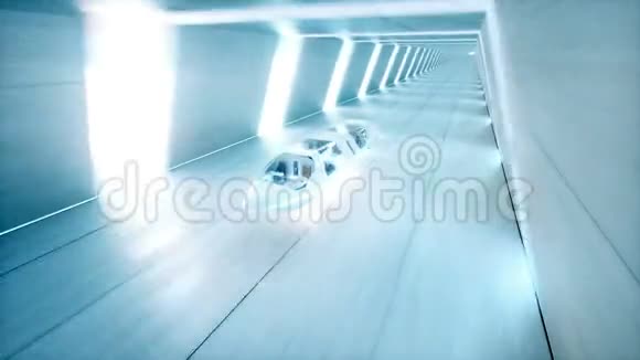未来派飞行巴士与人民快速驾驶在SCIFI隧道科里多未来的概念现实4k动画视频的预览图