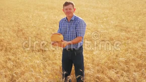 老农夫面包师拿着一个金色的面包和面包在成熟的麦田慢动作视频收获时间老人视频的预览图