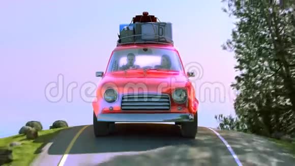 抽象卡通车在山路上用屋顶架行驶三维插图视频的预览图
