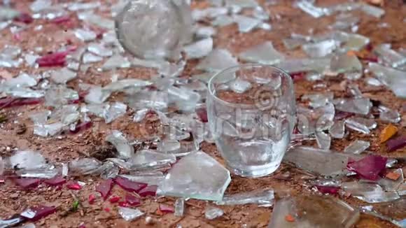 碎玻璃背景上的一杯伏特加掉落的瓶子视频的预览图