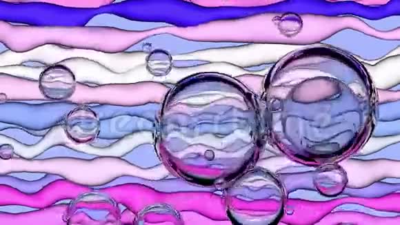 带有玻璃气泡和蓝色粉红色紫色和白色扭动丝带的抽象背景视频的预览图