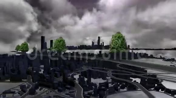 多云间阴天有闪电的现代城市视频的预览图