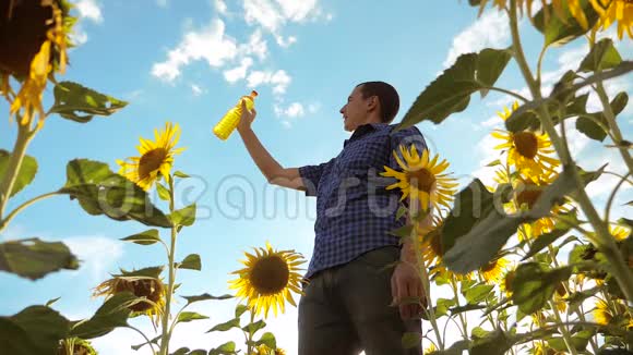 农夫手里拿着一个塑料瓶向日葵生活方式的油站在田野里慢动作视频向日葵视频的预览图