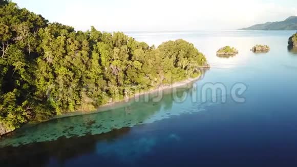 RajaAmpat热带岛屿和平静水域的鸟瞰图视频的预览图