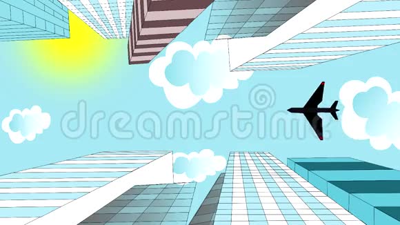飞机在摩天大楼上空盘旋动画视频的预览图