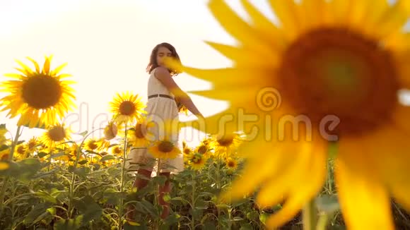 快乐的小女孩在夏天向日葵的阳光下美丽的日落小女孩向日葵慢动作视频的预览图