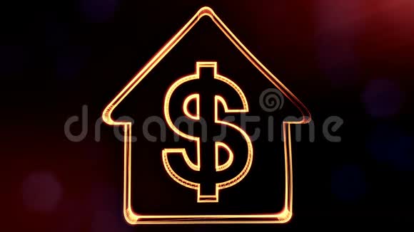 美元在房子的徽记上发光粒子的金融背景3D无缝动画与景深视频的预览图
