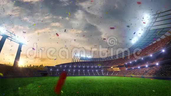 体育场移动灯动画闪光灯与人球迷3D渲染插图多云彩纸屑和硬币视频的预览图