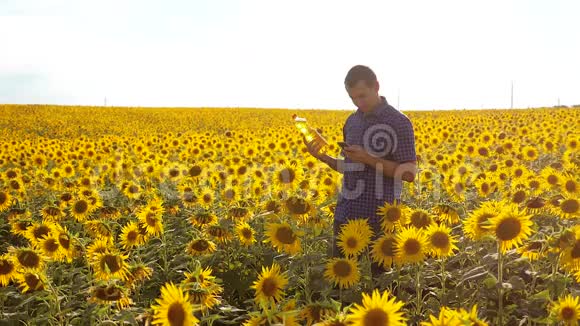 男子农民探索田野与向日葵的生活方式慢动作视频男人的生活方式农民手拿瓶子视频的预览图