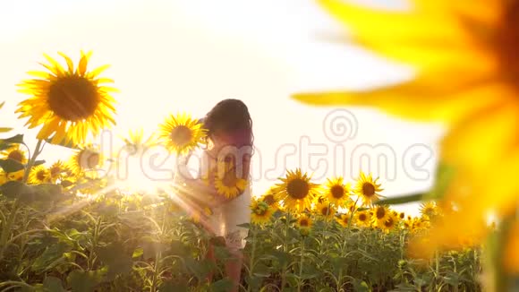 快乐的小女孩在夏天向日葵的阳光下美丽的日落小女孩向日葵生活方式视频的预览图