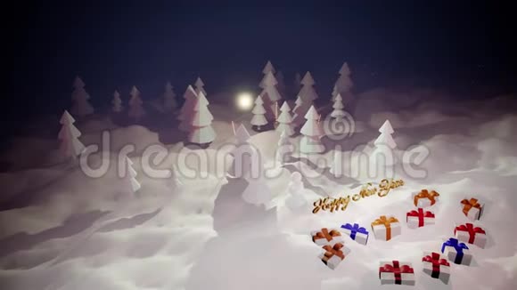 3D神奇的圣诞故事卡通上面有华丽闪亮的碑文新年快乐和冬天的圣诞礼物视频的预览图