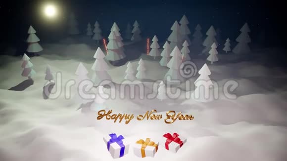 3D神奇的圣诞故事卡通上面有华丽闪亮的碑文新年快乐和冬天的圣诞礼物视频的预览图