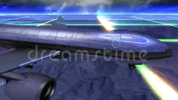 夜间飞越高山的飞机在发光的电网上飞行视频的预览图