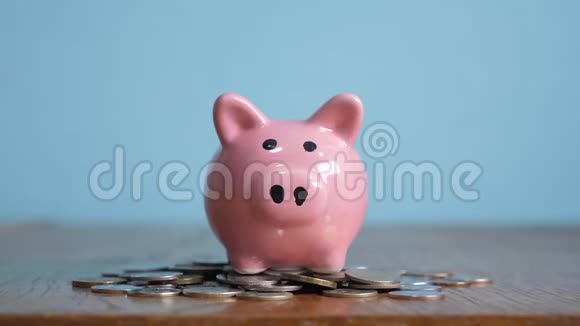 猪银行业务站在一堆硬币的概念上一只手把硬币放在黄色背景的储蓄罐里视频的预览图