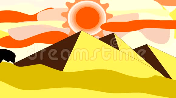 一只骆驼穿过金字塔附近沙漠的黑色轮廓视频的预览图