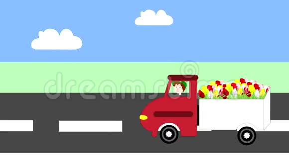 高速公路上的卡车运输鲜花动画视频的预览图