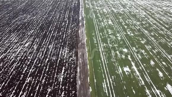 春天空中景色中被雪覆盖的粮田视频的预览图