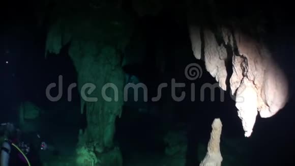 墨西哥尤卡坦洞穴中的水肺潜水视频的预览图
