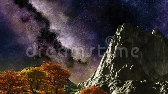 时间流逝紫色的夜空星星飞过高山和树木视频的预览图