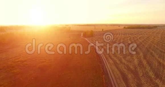 超高清4K鸟瞰图空中飞越黄色的田园和土路视频的预览图