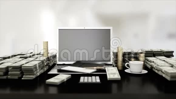 业人的工作场所笔记本电脑和金钱增长业务概念视频的预览图
