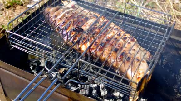 烤架上的鱼鳟夏季烧烤概念视频的预览图
