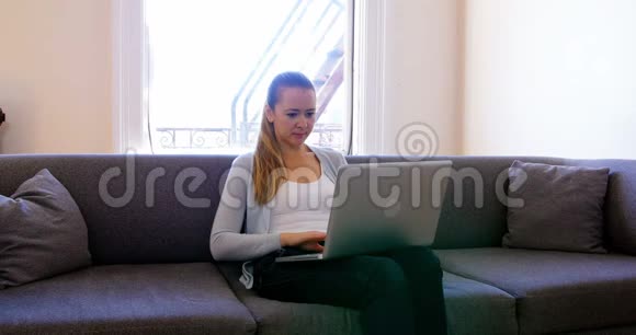 在客厅里用笔记本电脑的女人视频的预览图
