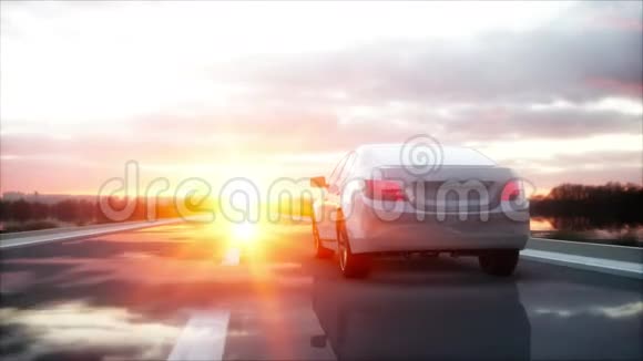 豪华白车上高速公路公路开得很快精彩的日落旅行和动机概念现实4k视频的预览图