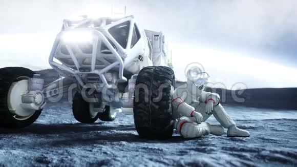 宇航员和漫游者一起在月球上现实的4k动画视频的预览图