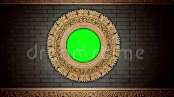 砖墙上的金色复古框架设计复古元素绿色屏幕视频的预览图