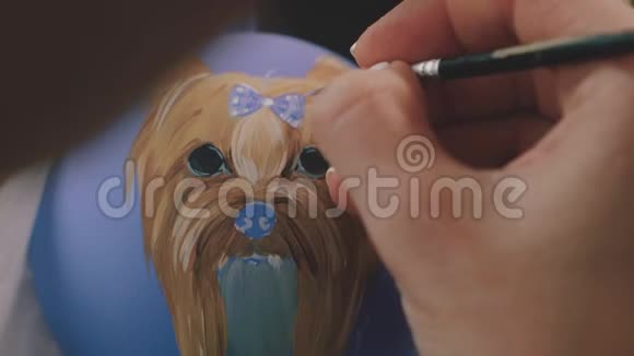 新年装饰球女漆在新年舞会上手画新年舞会狗在舞会上的肖像慢视频的预览图