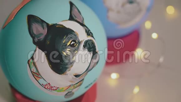 新年装饰球女漆在新年舞会上手画新年球狗在球上的肖像视频的预览图