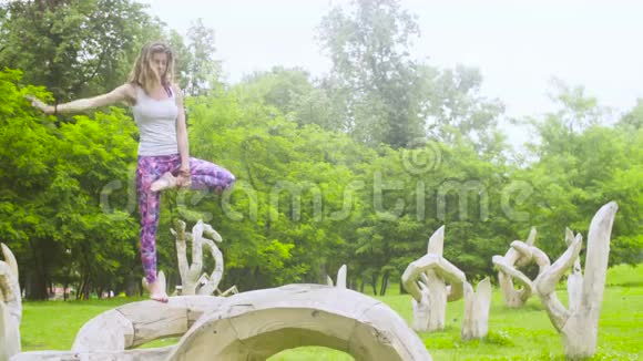在公园做瑜伽运动的年轻女子视频的预览图