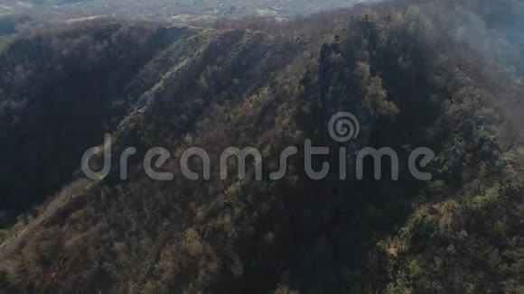一片烟雾弥漫的森林的空中镜头视频的预览图