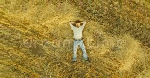 空中观景垂直运动飞过躺在黄色麦田上的人视频的预览图