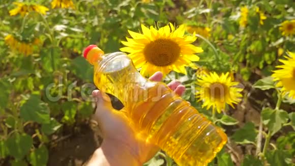 农夫手里拿着一瓶塑料葵花籽油阳光洒在他的手里慢动作视频生活方式视频的预览图