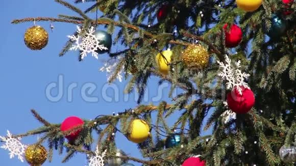 背景蓝天上装饰的圣诞树视频的预览图
