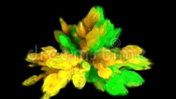 彩色爆炸五颜六色的绿色黄色烟雾爆炸液颗粒阿尔法哑光视频的预览图