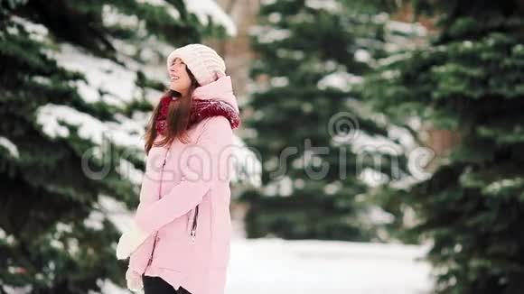 美丽的女孩在美丽的冬日在户外下雪天气视频的预览图