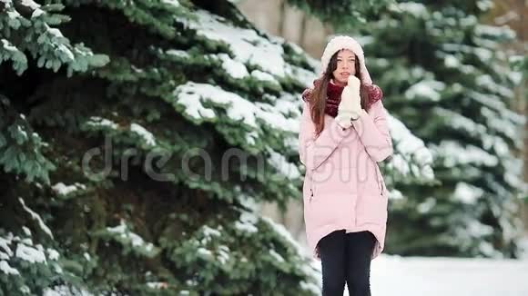 冬天的雪天气里美丽的女孩视频的预览图