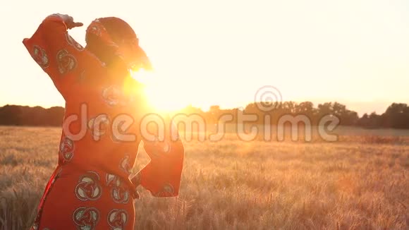 在日落或日出时穿着传统服装站在庄稼地里的非洲妇女视频的预览图
