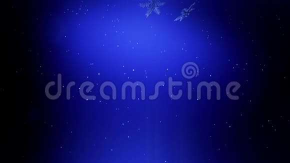 美丽的3d雪花在空气中缓慢的运动在夜间在蓝色的背景作为圣诞动画使用新年视频的预览图