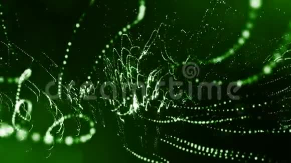 三维绿色背景与奇妙的发光粒子循环三维动画具有景深光效现代视频的预览图