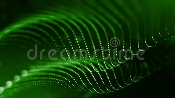 三维绿色背景与奇妙的发光粒子循环三维动画具有景深光效现代视频的预览图