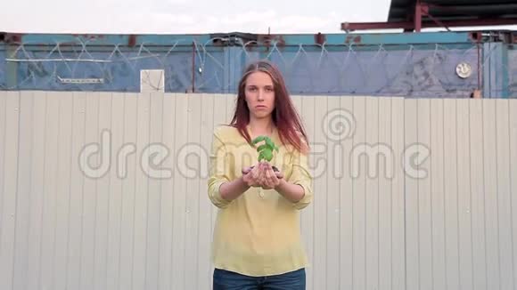 手里拿着绿色年轻植物的年轻女子视频的预览图